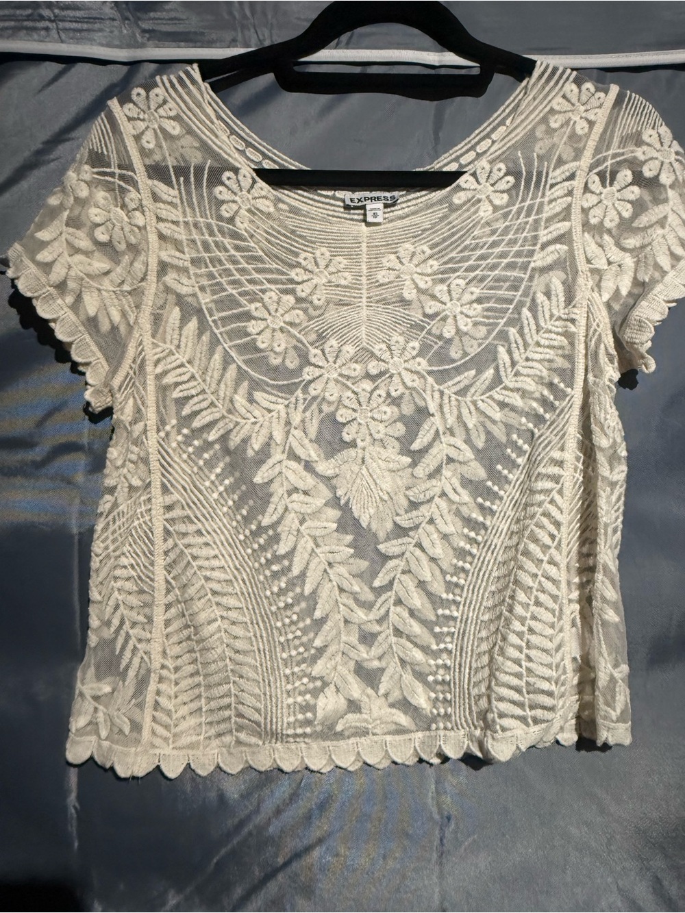Express Cream Floral Lace Short Sleeve Blouse